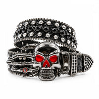 Black Glitter Crystal Rhinestone Western Belt with Skeleton Hand Skull Buckle and Clear Crystals