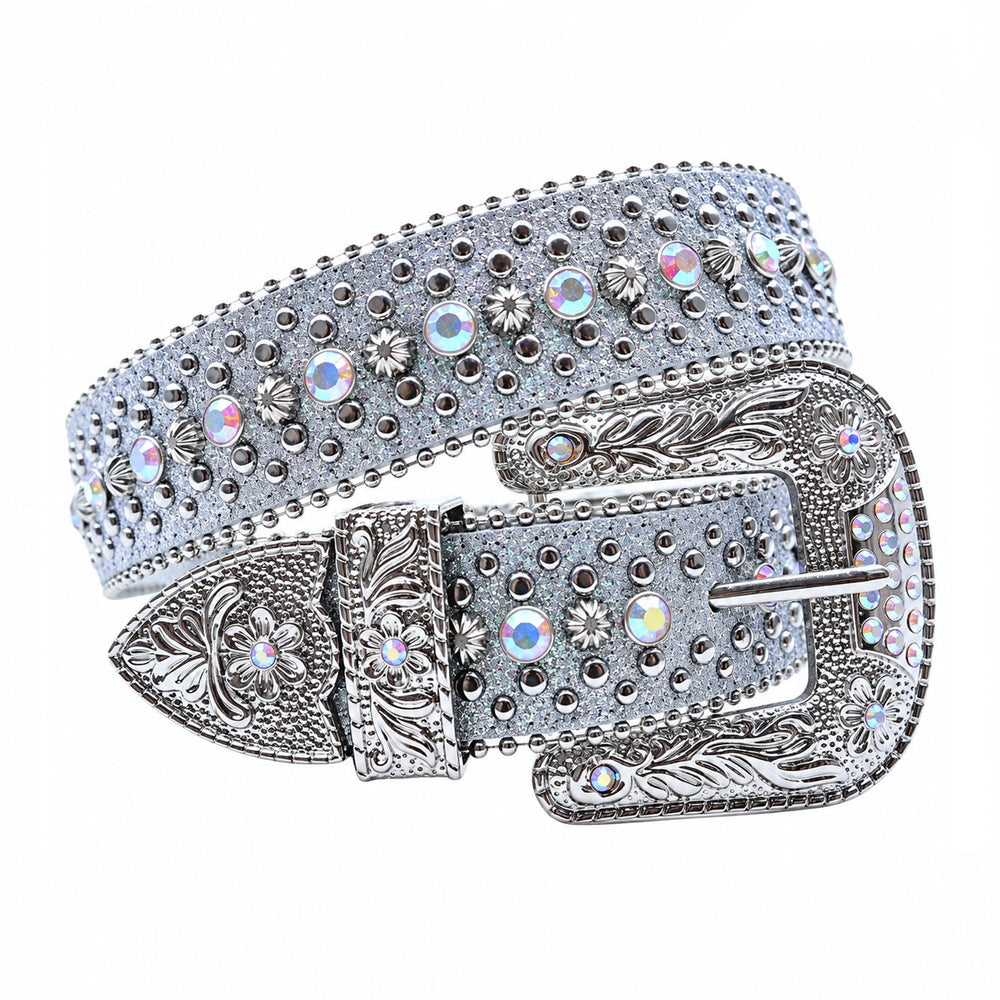 Silver Glitter Crystal Rhinestone Western Belt with Engraved Floral Buckle