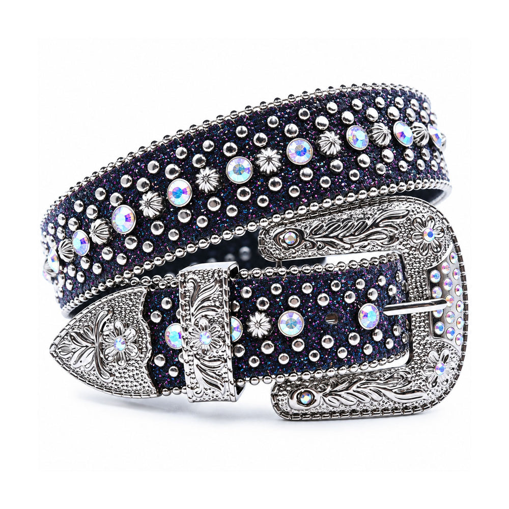 Midnight Navy Glitter Crystal Rhinestone Western Belt with Engraved Floral Buckle