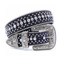 Midnight Navy Glitter Crystal Rhinestone Western Belt with Engraved Floral Buckle