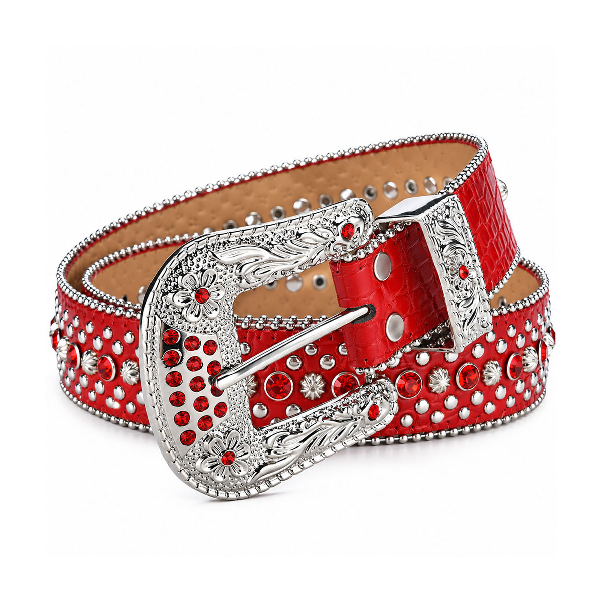 Red Croc Crystal Rhinestone Western Belt with Engraved Floral Buckle
