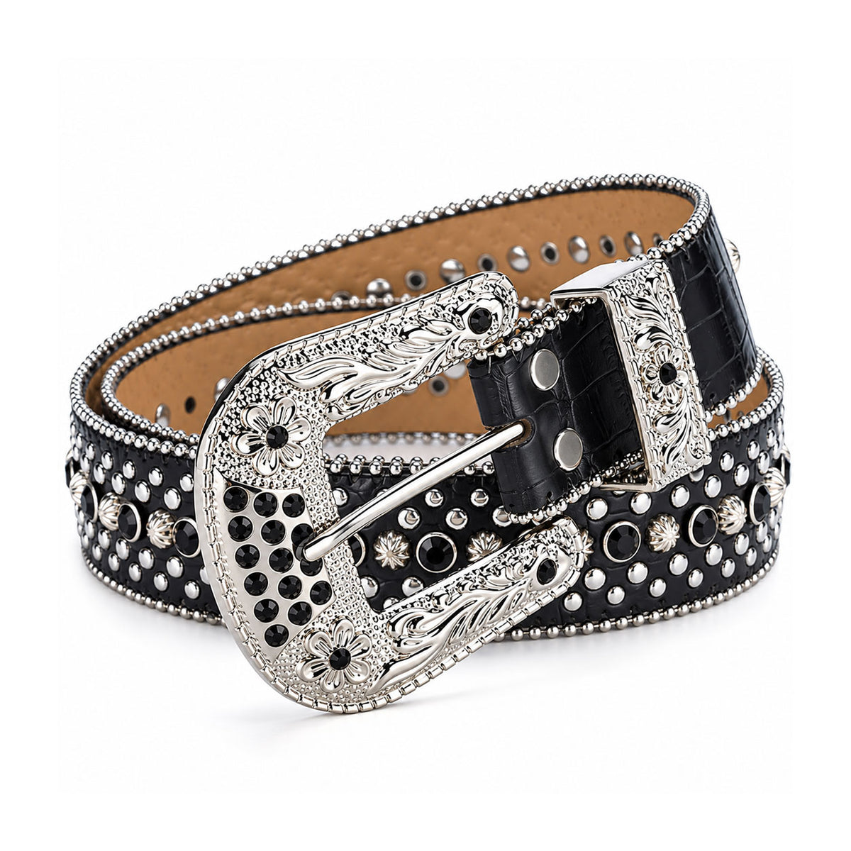 Black Croc Crystal Rhinestone Western Belt with Engraved Floral Buckle