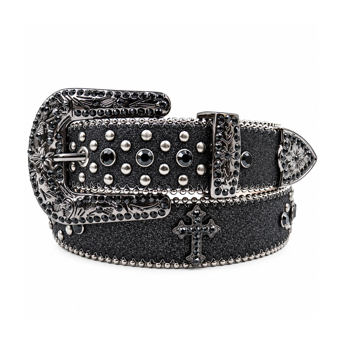 Black Glitter Crystal Rhinestone Western Belt with Gunmetal Engraved Buckle and Cross Concho