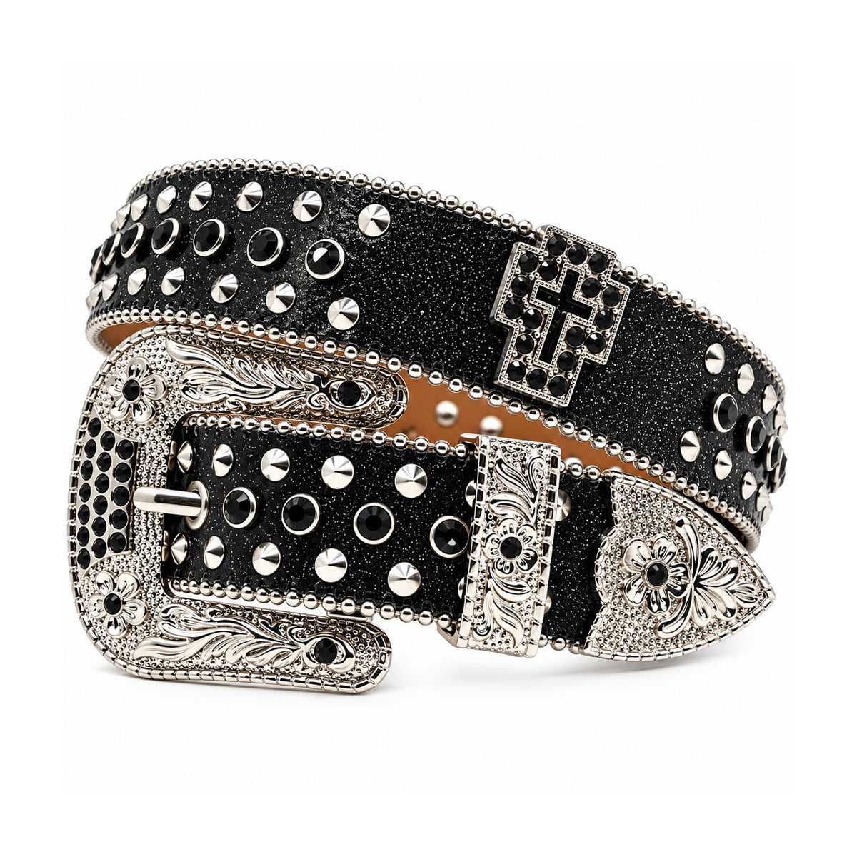 Black Glitter Crystal Rhinestone Western Belt with Engraved Buckle and Cross Concho