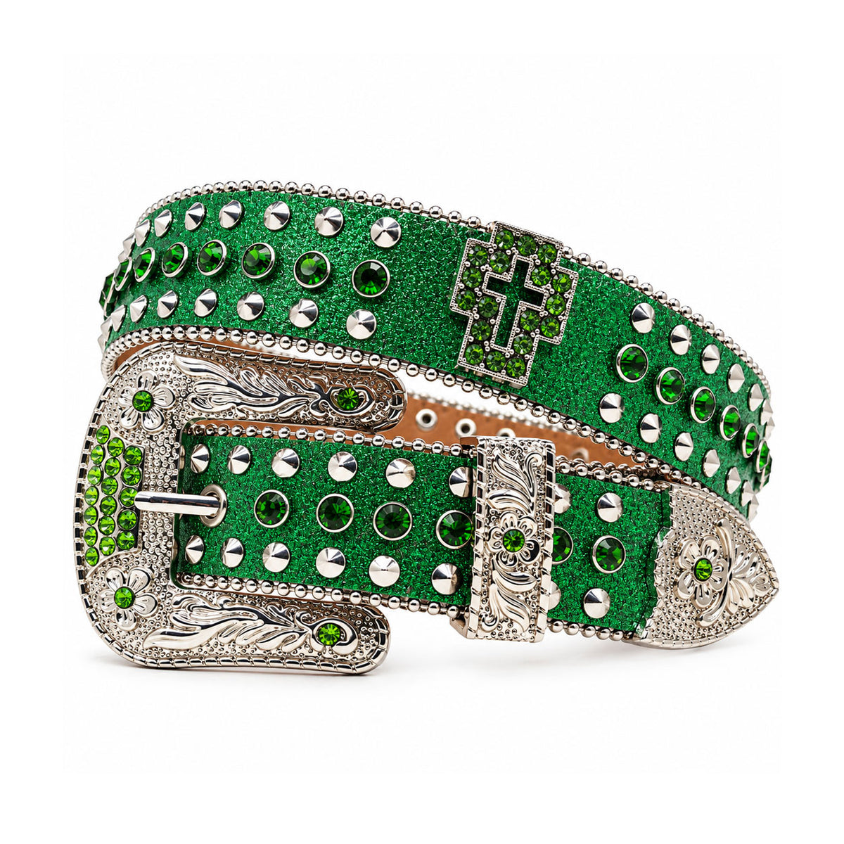 Green Glitter Crystal Rhinestone Western Belt with Engraved Buckle and Cross Concho