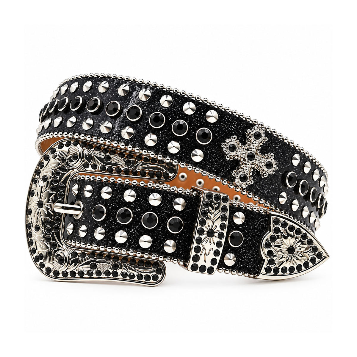 Black Glitter Crystal Rhinestone Western Belt with Ornate Buckle and Cross Concho