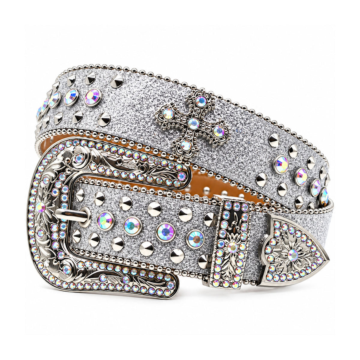 Silver Glitter Crystal Rhinestone Western Belt with Engraved Buckle and Cross Concho