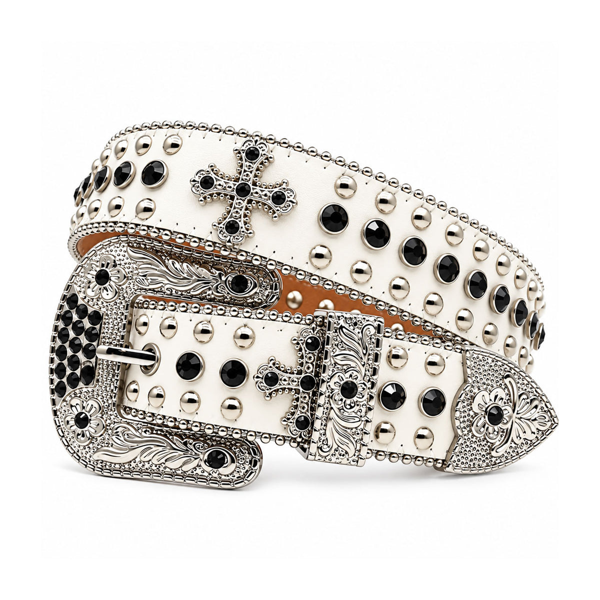 White Crystal Rhinestone Western Belt with Black Crystals and Cross Conchos