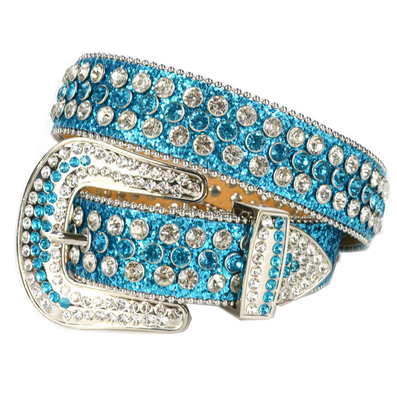 Turquoise Beaded-Trim Crystal Rhinestone Western Belt with Silver Buckle