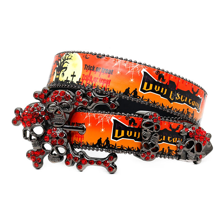 Skull Buckle Halloween Strap Belt with Red Embellished Rhinestones