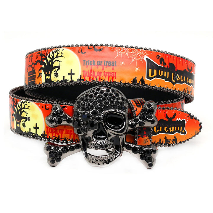 Skull Buckle Orange Strap Halloween Statement Belt with Rhinestones