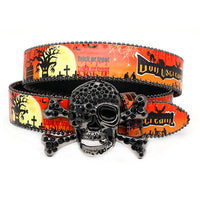 Skull Buckle Orange Strap Halloween Statement Belt with Rhinestones