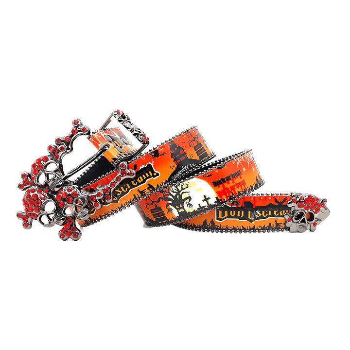 Skull Buckle Halloween Strap Belt with Red Embellished Rhinestones