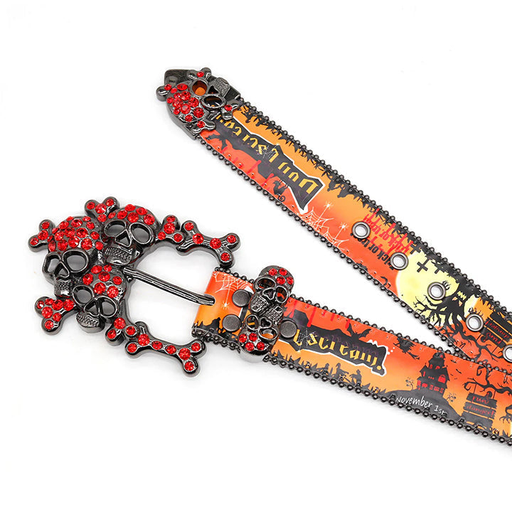 Skull Buckle Halloween Strap Belt with Red Embellished Rhinestones