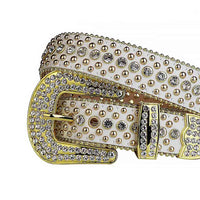 Crystal-Studded White Leather Waist Belt With Gold Buckle & Faceted Crystal Stones Studs