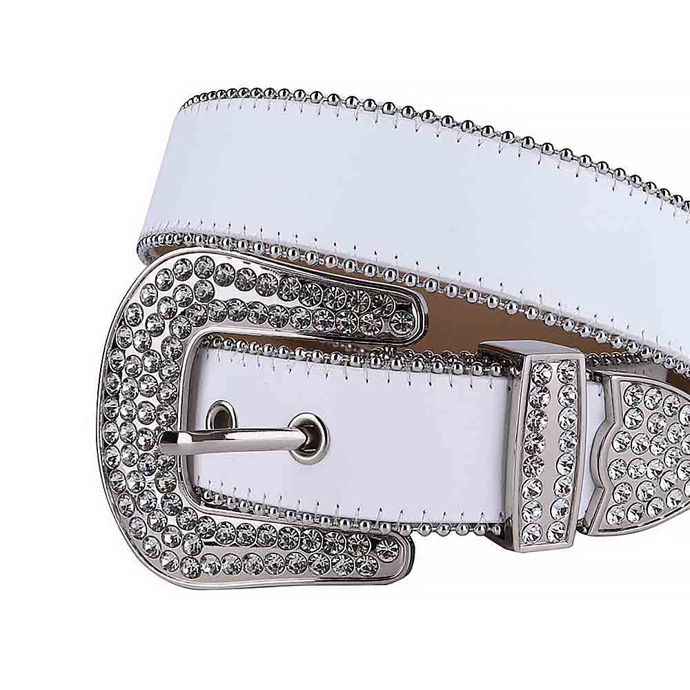 Crystal-Studded Genuine Leather Belt White Leather With White Gems