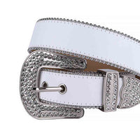 Crystal-Studded Genuine Leather Belt White Leather With White Gems