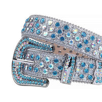 Rhinestone-Studded Leather Belts Silver Shimmer With Multi And Blue Studs