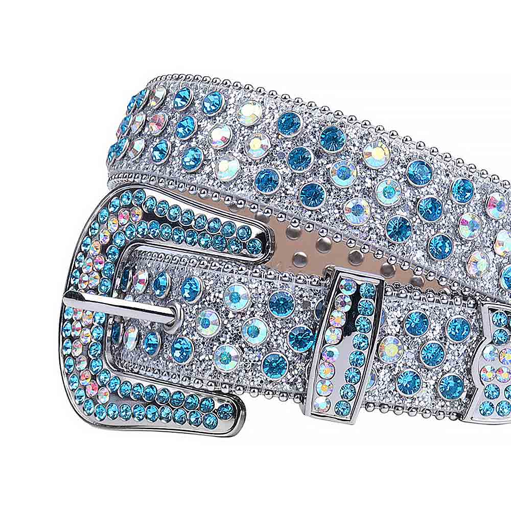 Crystal-Studded Leather Belts Silver Sparkle With Multi And Blue Gems