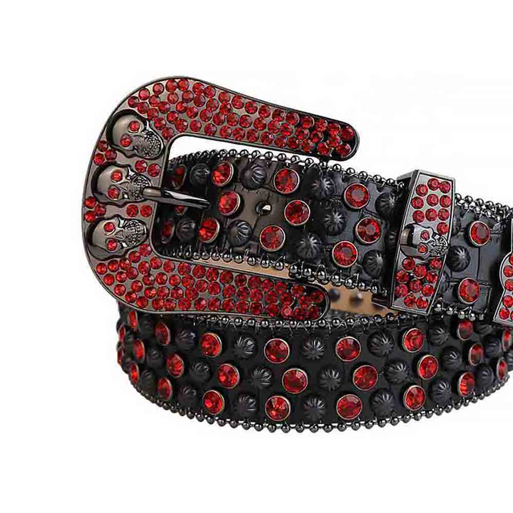 Black Strap With Red Adorned Rhinestone Belt with 3 Skulls Black Red Buckle