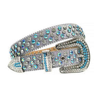 Crystal-Studded Leather Waist Belt Gray Sparkle with Blue