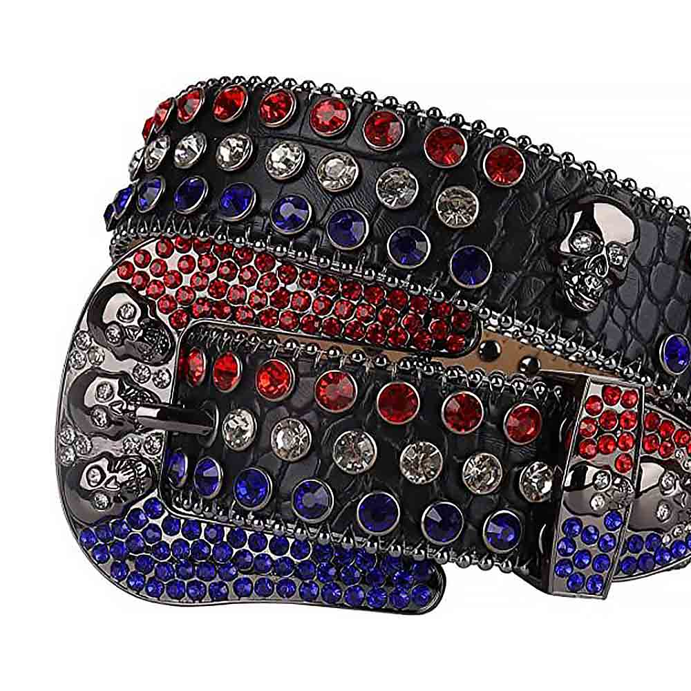 Rhinestone-Studded Leather Waist Belts Black Skull With Red White And Blue Gems