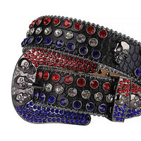 Rhinestone-Studded Leather Waist Belts Black Skull With Red White And Blue Gems