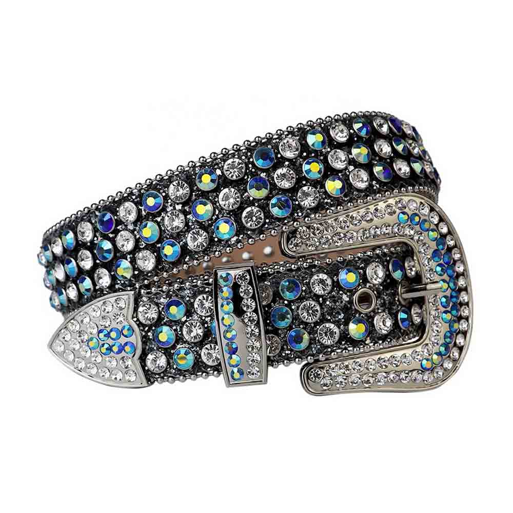 Black Strap With Blue & Diamond Faceted Crystals Embellished Rhinestone Belt