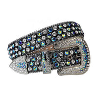Black Strap With Blue & Diamond Faceted Crystals Embellished Rhinestone Belt