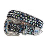 Black Strap With Blue & Diamond Faceted Crystals Embellished Rhinestone Belt