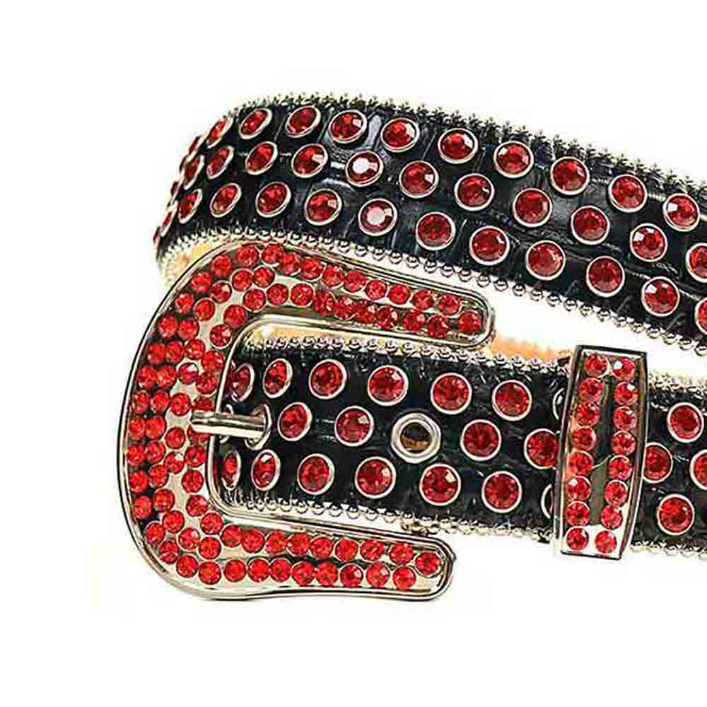 Black Strap With Red Encrusted Rhinestone Belt with Gold Red Buckle