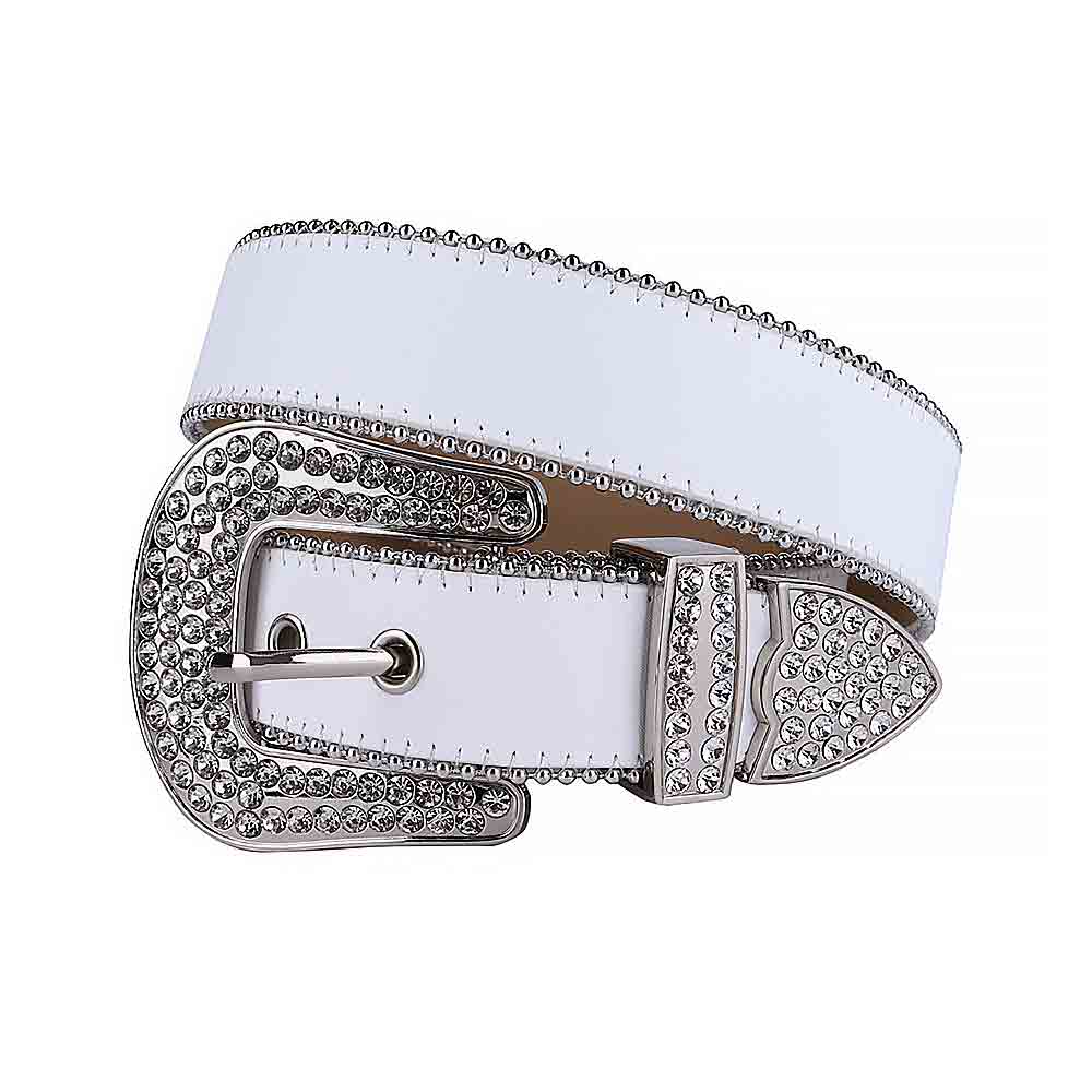 Crystal-Studded Genuine Leather Belt White Leather With White Gems