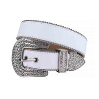Crystal-Studded Genuine Leather Belt White Leather With White Gems