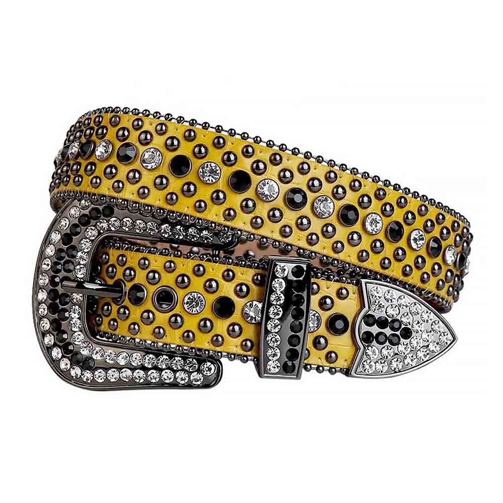 Rhinestone-Studded Genuine Leather Belt   Yellow With Studs Black And White Gems