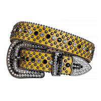 Rhinestone-Studded Genuine Leather Belt   Yellow With Studs Black And White Gems