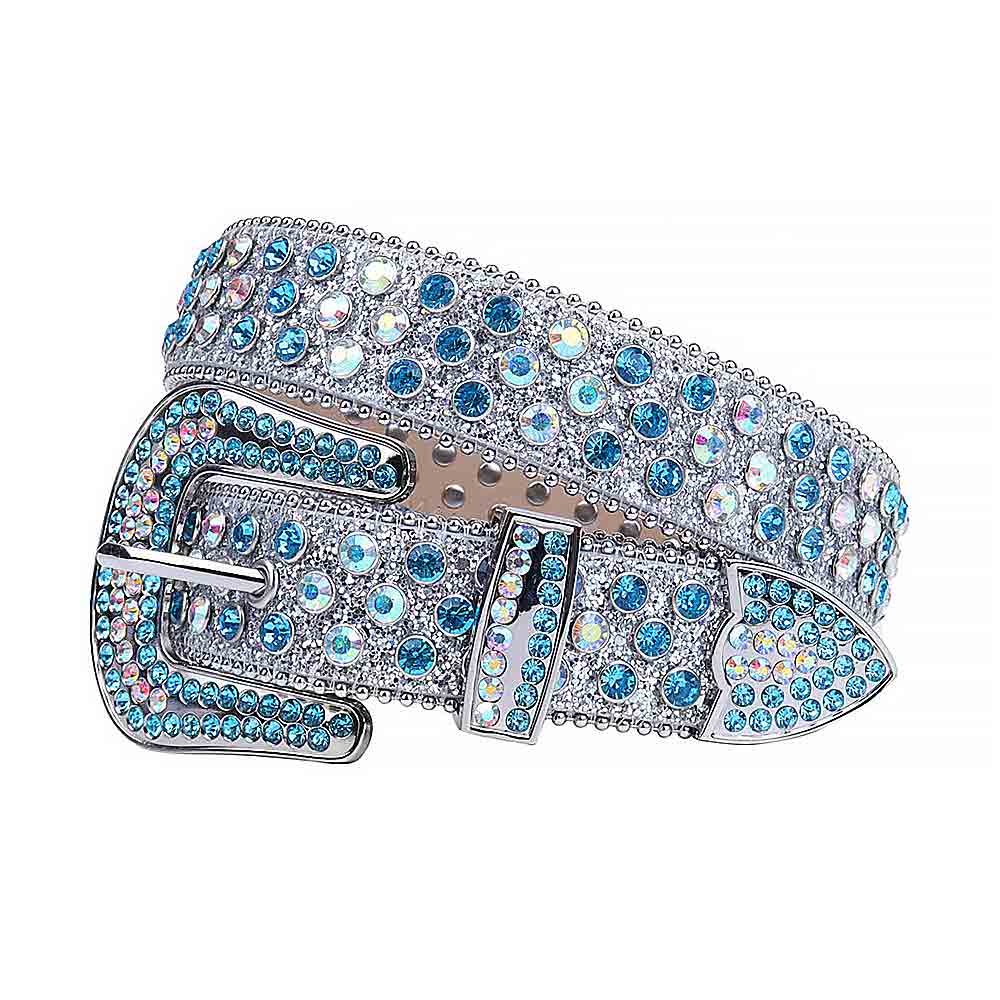 Crystal-Studded Leather Belts Silver Sparkle With Multi And Blue Gems