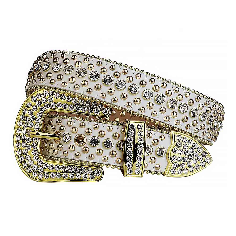 Crystal-Studded White Leather Waist Belt With Gold Buckle & Faceted Crystal Stones Studs