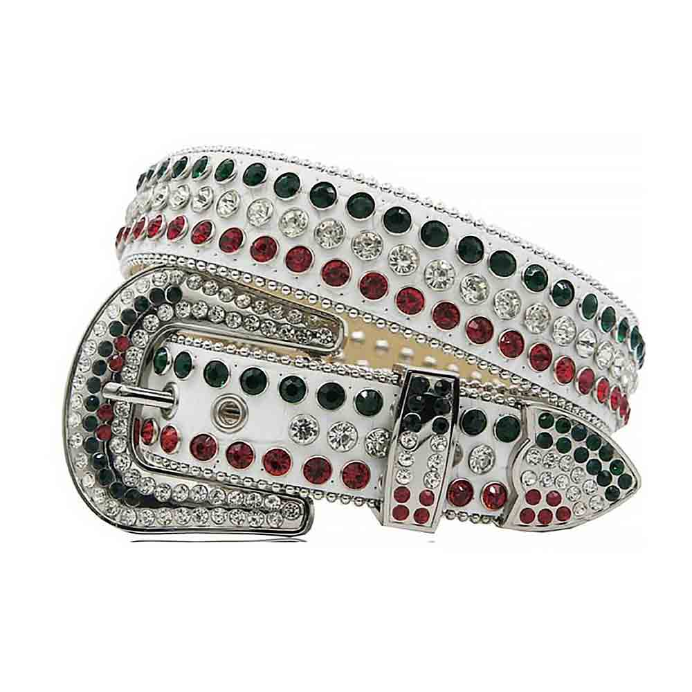 Rhinestone-Studded Leather Waist Belt White Green with Red