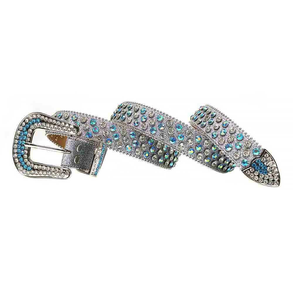 Crystal-Studded Leather Waist Belt Gray Sparkle with Blue