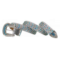 Crystal-Studded Leather Waist Belt Gray Sparkle with Blue