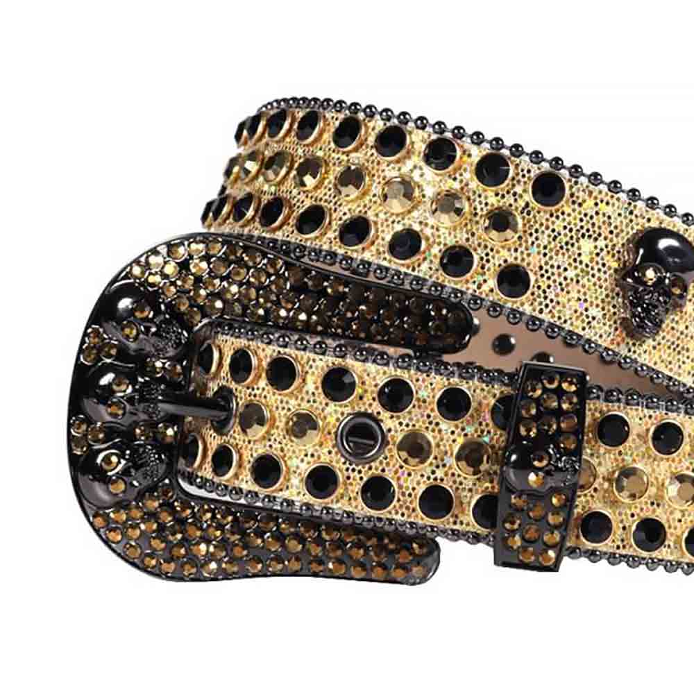 Crystal-Studded Sparkle Gold Leather Strap Skull Buckle Belts With Black And Gold Studs