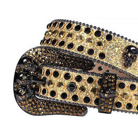 Crystal-Studded Sparkle Gold Leather Strap Skull Buckle Belts With Black And Gold Studs