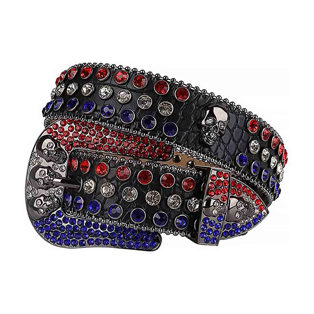 Rhinestone-Studded Leather Waist Belts Black Skull With Red White And Blue Gems
