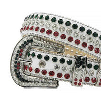 Rhinestone-Studded Leather Waist Belt White Green with Red