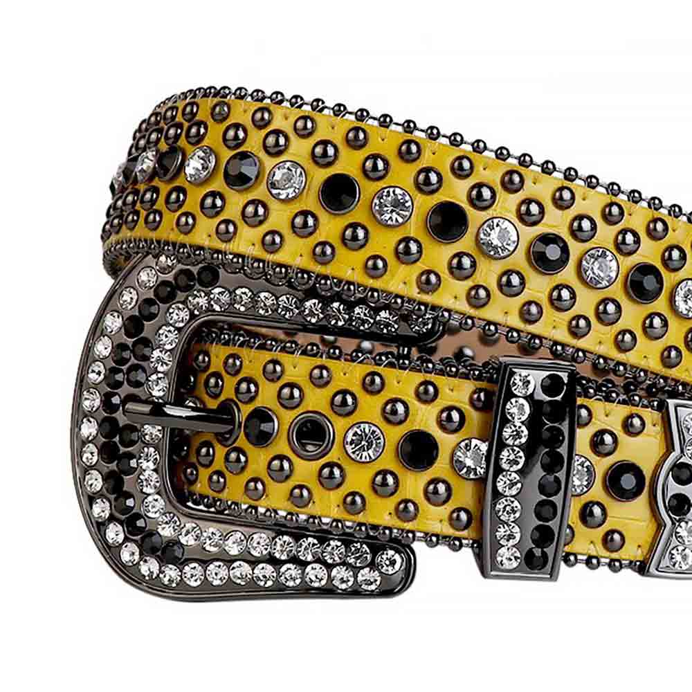 Rhinestone-Studded Genuine Leather Belt   Yellow With Studs Black And White Gems