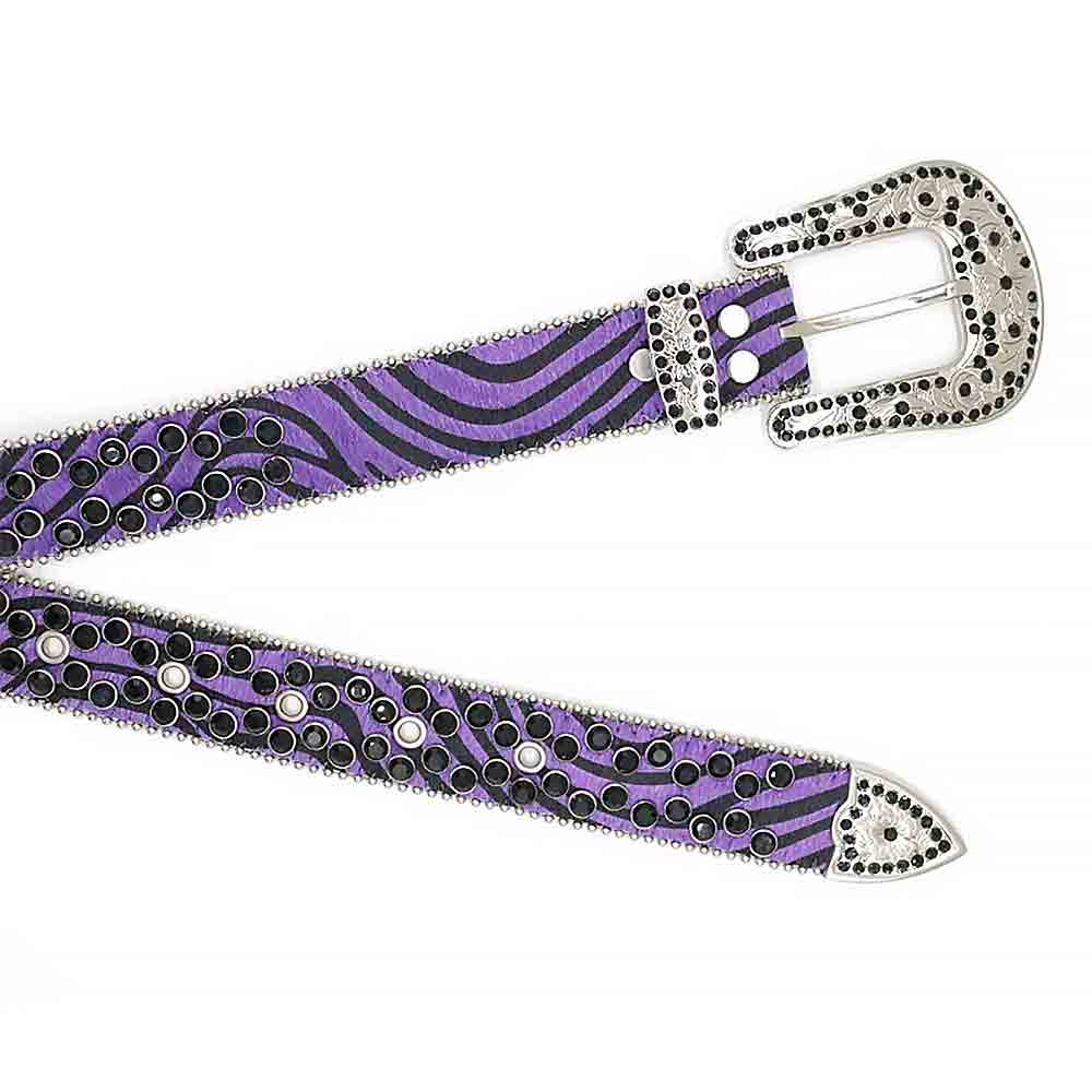 Purple Patterned Strap With Black Adorned Rhinestone Belt