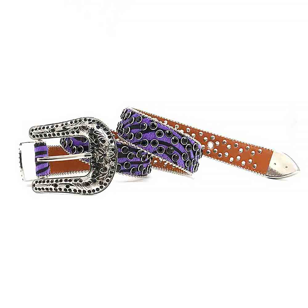 Purple Patterned Strap With Black Adorned Rhinestone Belt
