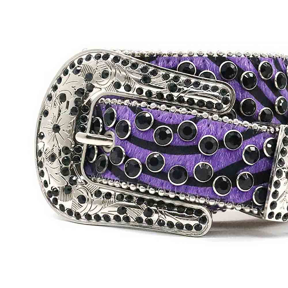 Purple Patterned Strap With Black Adorned Rhinestone Belt