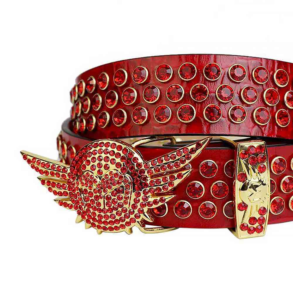 Red Strap With Red Embellished Rhinestone Belt with Glossy Gold Angel Wings Red Buckle