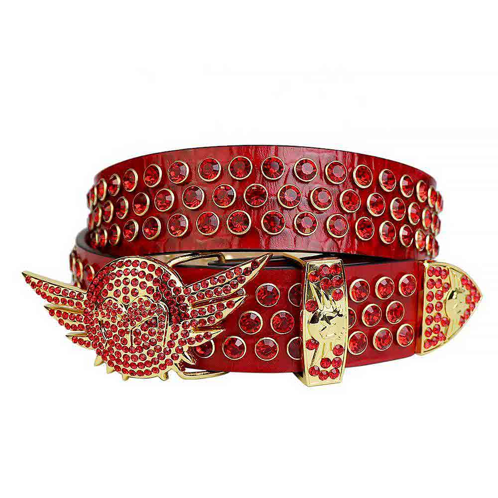 Red Strap With Red Embellished Rhinestone Belt with Glossy Gold Angel Wings Red Buckle
